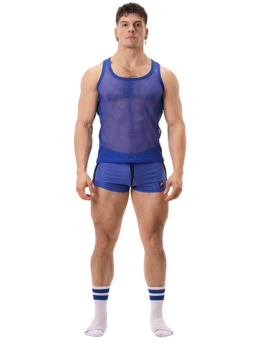 A man wearing a royal blue mesh racerback vest with a round neck and matching trims, standing against a white background.