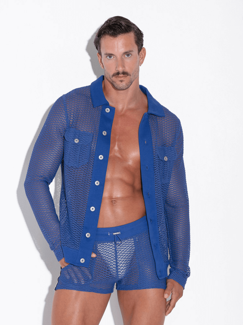CODE22 Men's Openwork Overshirt: Jacquard Crochet, Long Sleeves, Button-Up, Collared