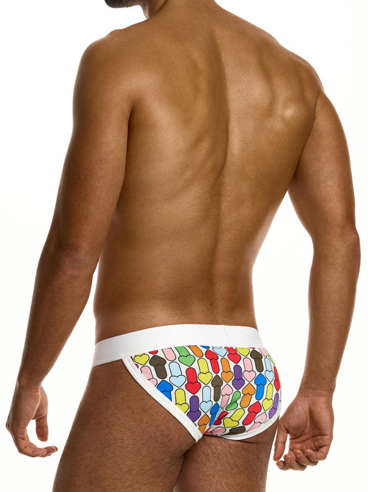 Man wearing colorful patterned underwear on a white background