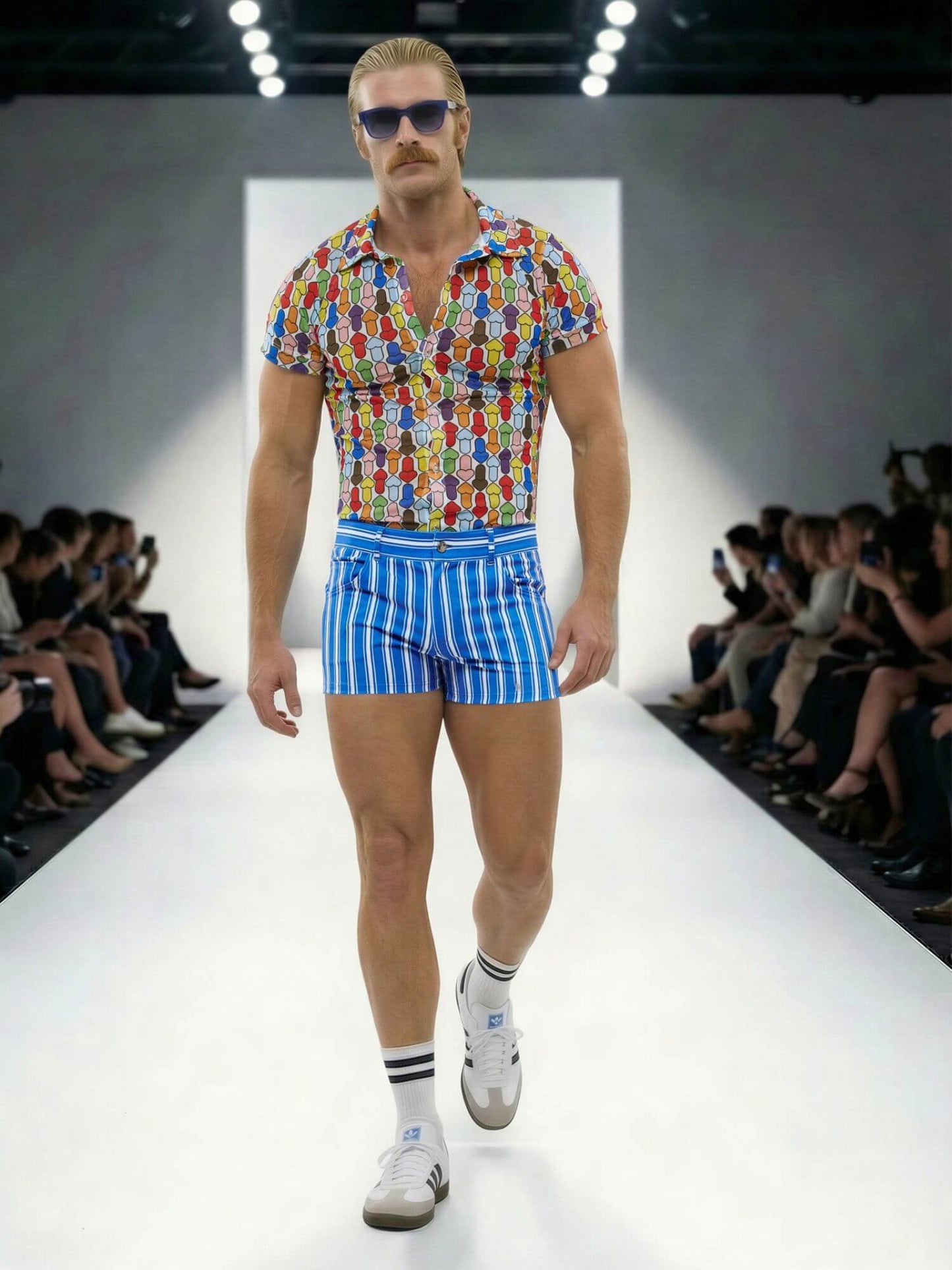 Model walking on a runway wearing a colorful shirt and blue striped shorts.