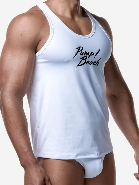 Person wearing a white tank top with 'Pump Beach' text on a plain background