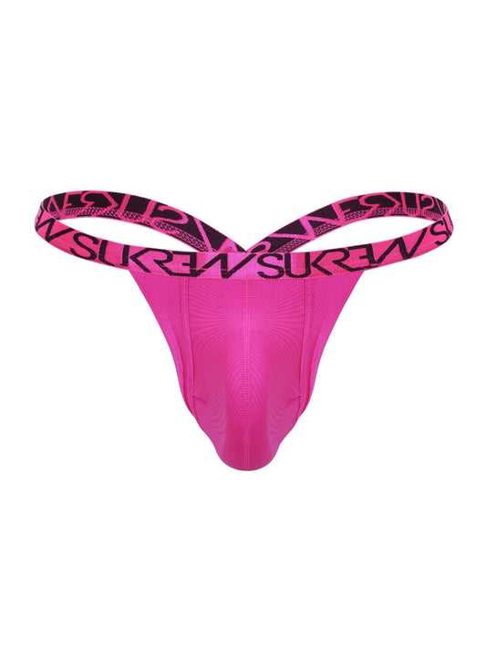 Pink thong with black branding on a white background