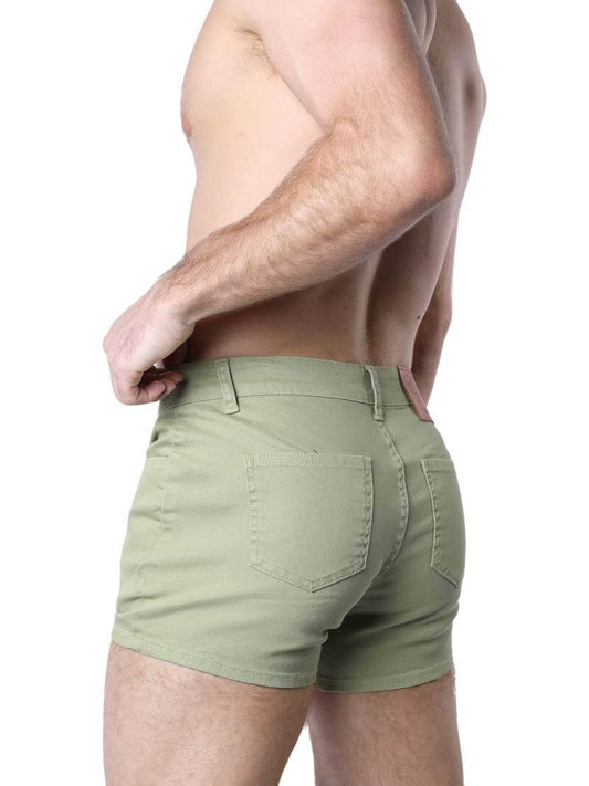 A pair of green Timoteo Berkeley cotton twill pocket shorts with a logo branding on the waistband, featuring a mid-thigh length, low-rise waist, zip-up fly, button fastening, belt loops, and five pockets.