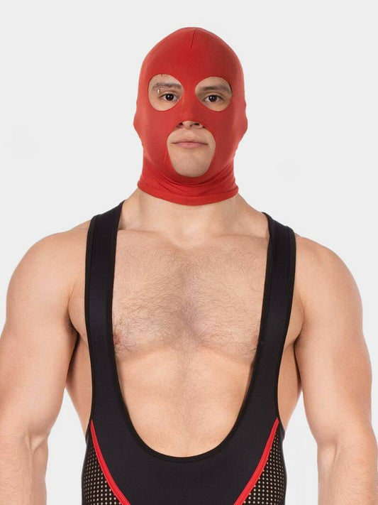 Person wearing a red balaclava and black wrestling singlet with red trim on a white background