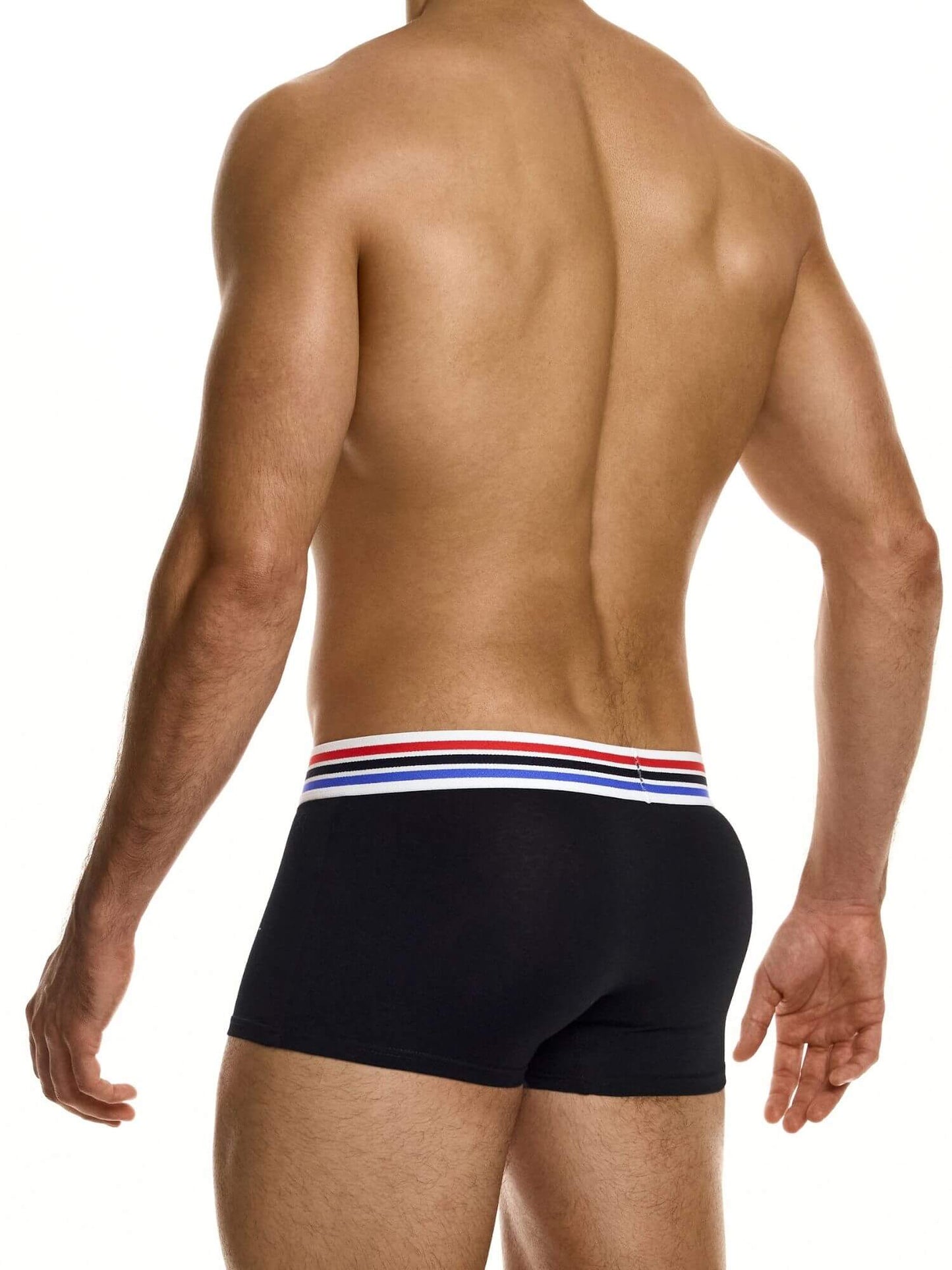 Man wearing black boxer briefs with a striped waistband on a white background