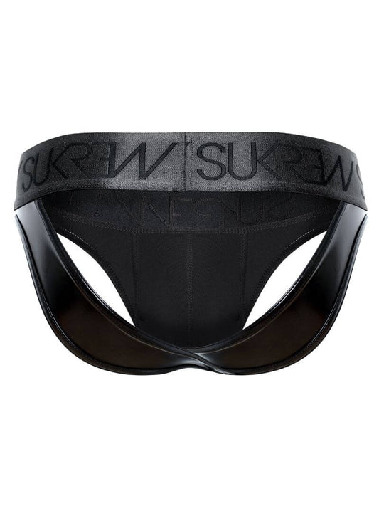 sukrew men's wet look shiny black backless v-brief