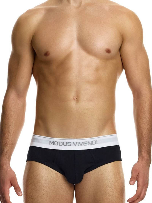 This image displays the MODUS VIVENDI Staple Eco-Cotton Brief, designed with comfort and style in mind. The brief features a low-rise waistband, providing a modern and snug fit.