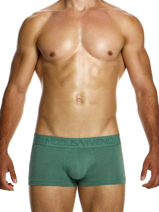 A model wearing green Modus Vivendi bamboo boxer briefs with a low-rise waistband and branded waistband.