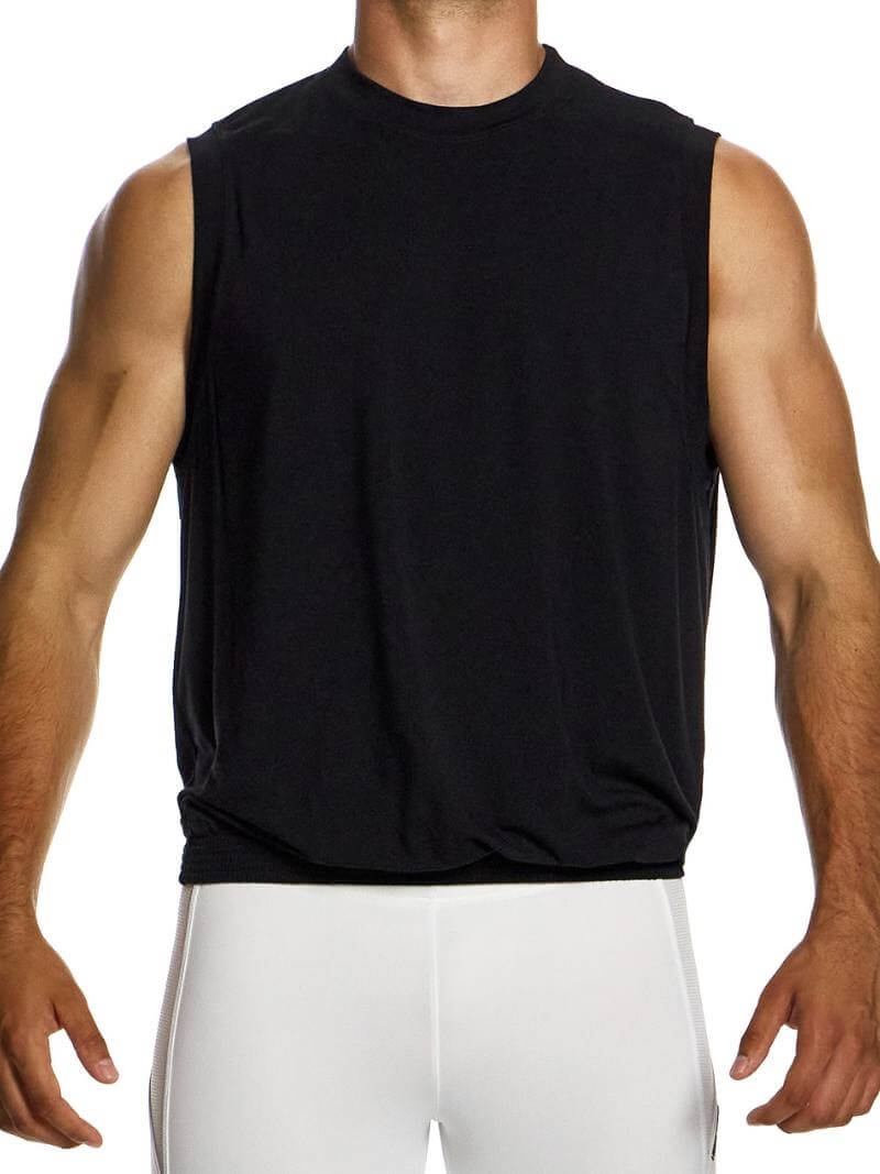 A male model wearing a blue Modus Vivendi bamboo tank top with a round neck, wide armholes, and an elasticated hem.