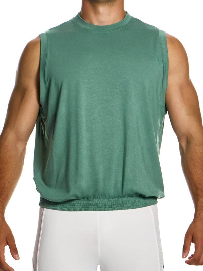 A male model wearing a blue Modus Vivendi bamboo tank top with a round neck, wide armholes, and an elasticated hem.