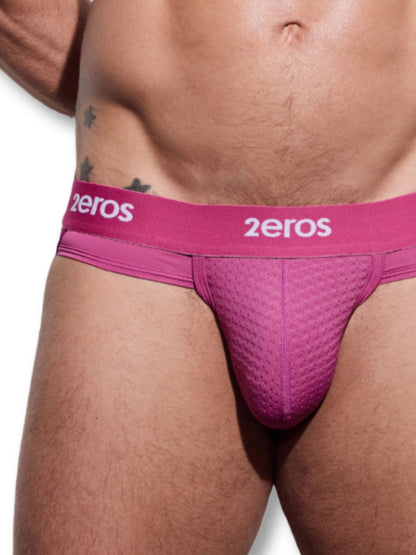 Pink men's underwear with '2eros' branding on a white background