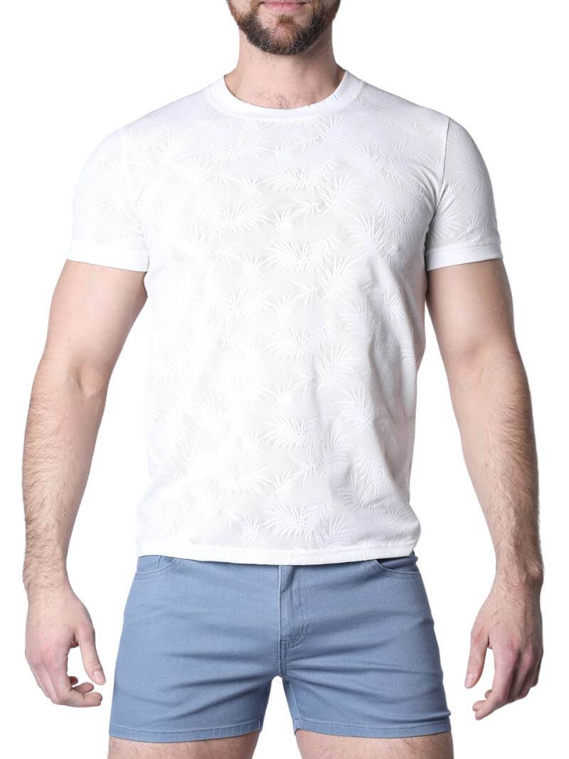 White textured t-shirt worn by a person on a white background