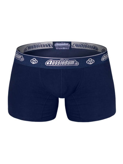 A pair of navy blue aussieBum CottonSoft 2.0 trunks with mid-rise waistband and metallic aussieBum branding on the elastic.