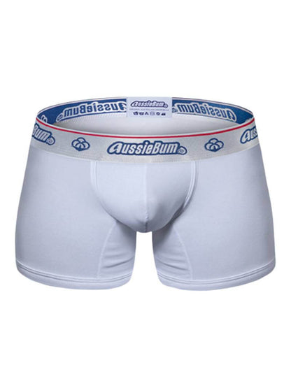 A pair of white aussieBum CottonSoft 2.0 trunks with mid-rise waistband and metallic aussieBum branding on the elastic.