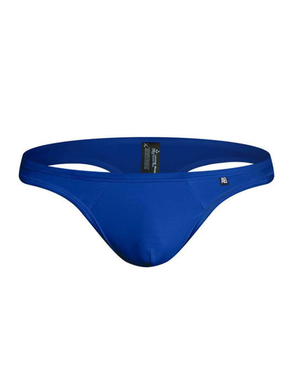 A blue aussieBum Slick thong underwear with a low-rise waistline.