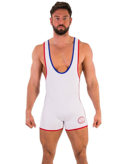 A person wearing a black wrestling singlet with Barcode Berlin branding on the left leg, featuring sporty side stripes.