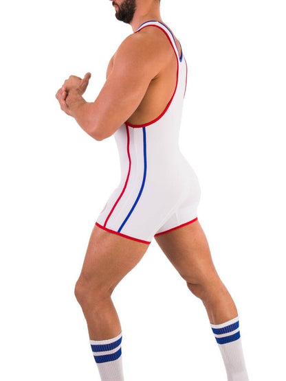 A person wearing a black wrestling singlet with Barcode Berlin branding on the left leg, featuring sporty side stripes.