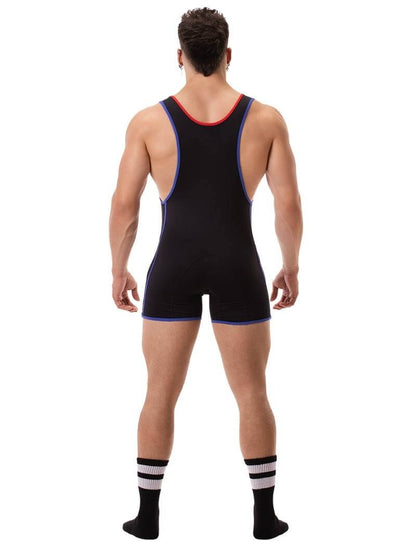 A person wearing a black wrestling singlet with Barcode Berlin branding on the left leg, featuring sporty side stripes.