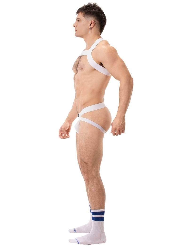 A white ribbed cotton butt lifting jockstrap by Barcode Berlin, featuring a sturdy thick waistband and elasticated jock straps, modelled by a male model.