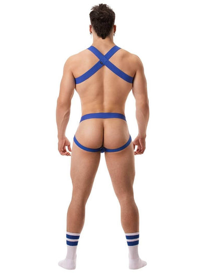 A blue ribbed cotton butt lifting jockstrap by Barcode Berlin, featuring a sturdy thick waistband and elasticated jock straps, modelled by a male model.