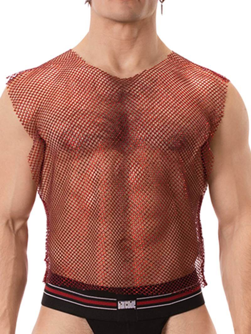 A male model wearing a sleeveless, round neck, mesh tank top in red with glitter accents, paired with black shorts with red trim. The tank top has a clubwear and partywear style, semi-see-through with a shimmering effect.