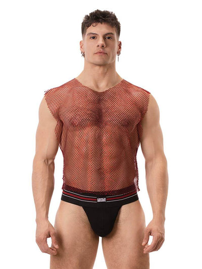 A male model wearing a sleeveless, round neck, mesh tank top in red with glitter accents, paired with black shorts with red trim. The tank top has a clubwear and partywear style, semi-see-through with a shimmering effect.