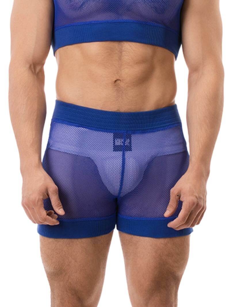 Royal blue mesh short with elasticated waistband and leg openings, featuring the BARCODE Berlin label on the leg.