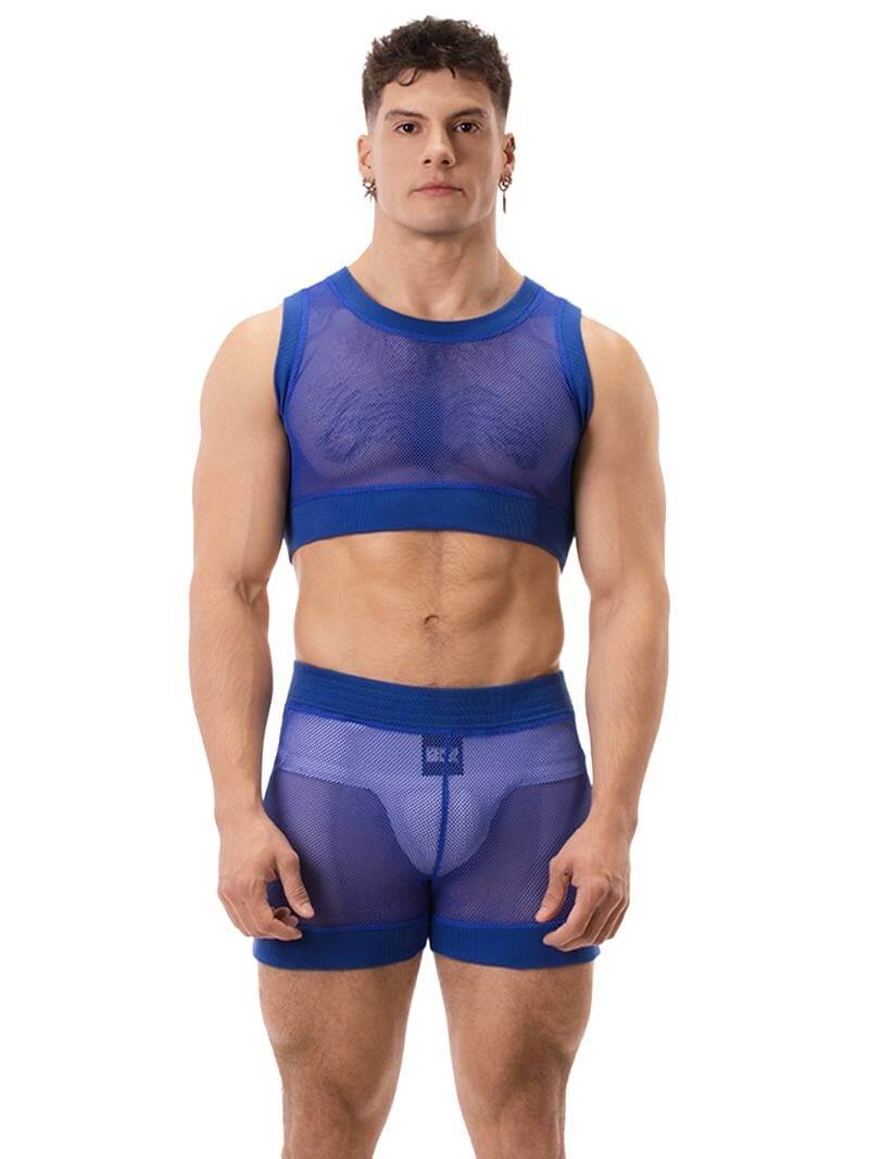 A man wearing a royal blue mesh crop top with a round neck and matching trims. The brand label 'BARCODE Berlin' is visible on the back.