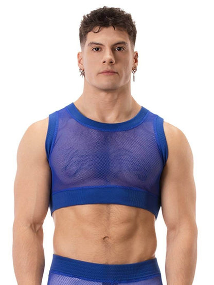 A man wearing a royal blue mesh crop top with a round neck and matching trims. The brand label 'BARCODE Berlin' is visible on the back.
