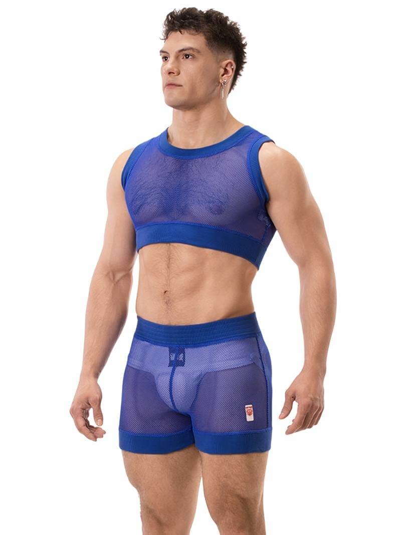 A man wearing a royal blue mesh crop top with a round neck and matching trims. The brand label 'BARCODE Berlin' is visible on the back.
