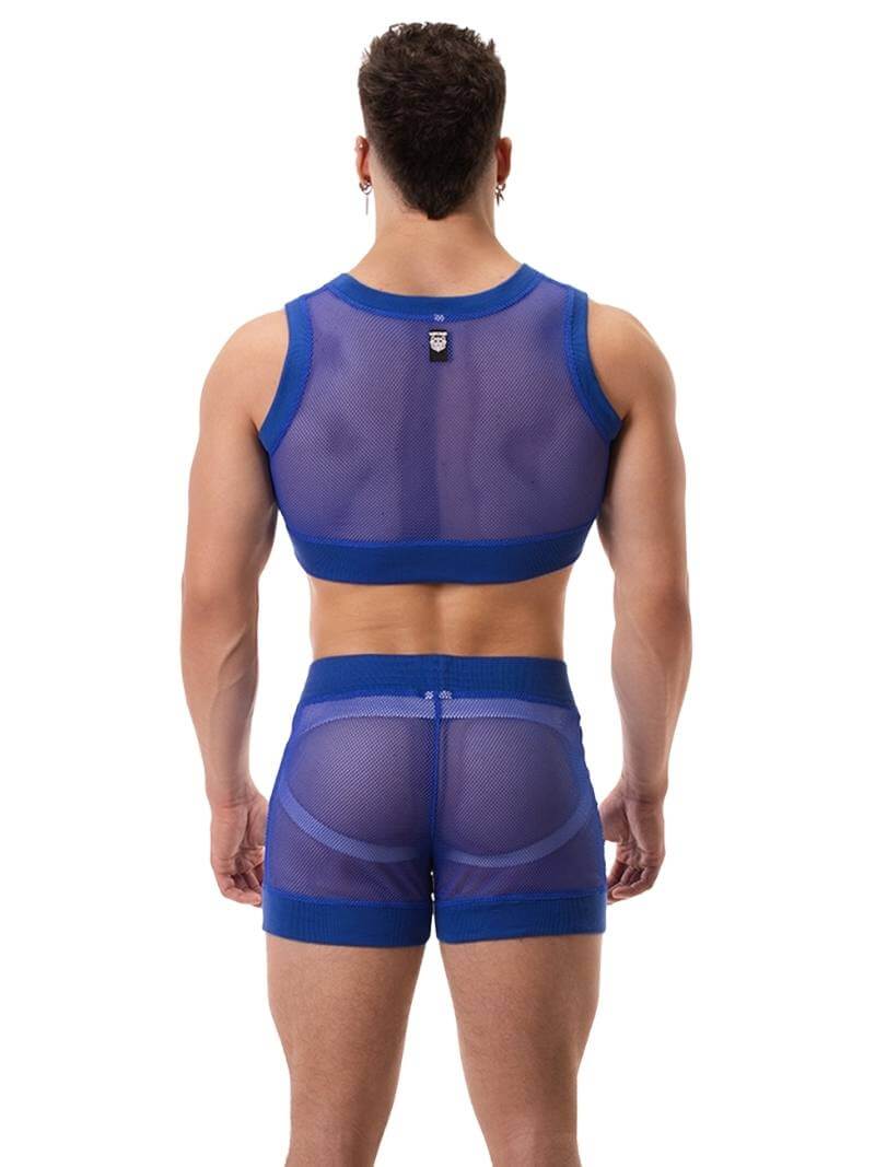 A man wearing a royal blue mesh crop top with a round neck and matching trims. The brand label 'BARCODE Berlin' is visible on the back.