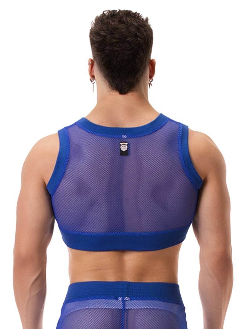 A man wearing a royal blue mesh crop top with a round neck and matching trims. The brand label 'BARCODE Berlin' is visible on the back.