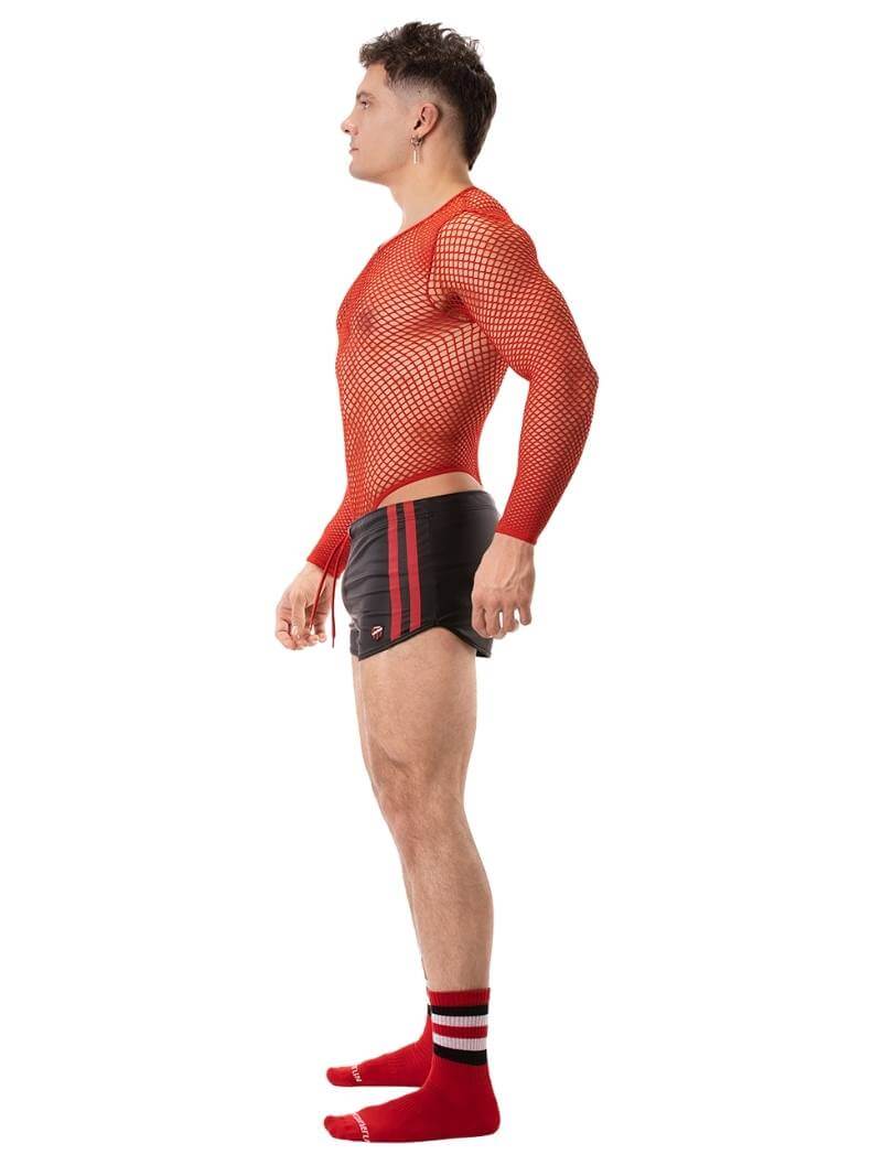 A pair of mid-calf black gym socks with colorful pride stripes on the cuff, featuring the Barcode Berlin brand logo.