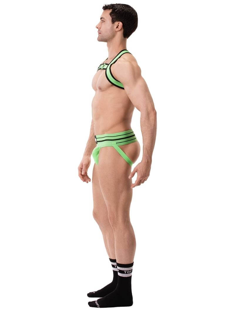 This image features the Barcode Berlin Andreus Jockstrap, showcasing its vibrant and bold design in a striking neon green color. The jockstrap has a classic sports jockstrap look with a wide, sturdy elastic waistband that carries a prominent Barcode Berlin brand label.
