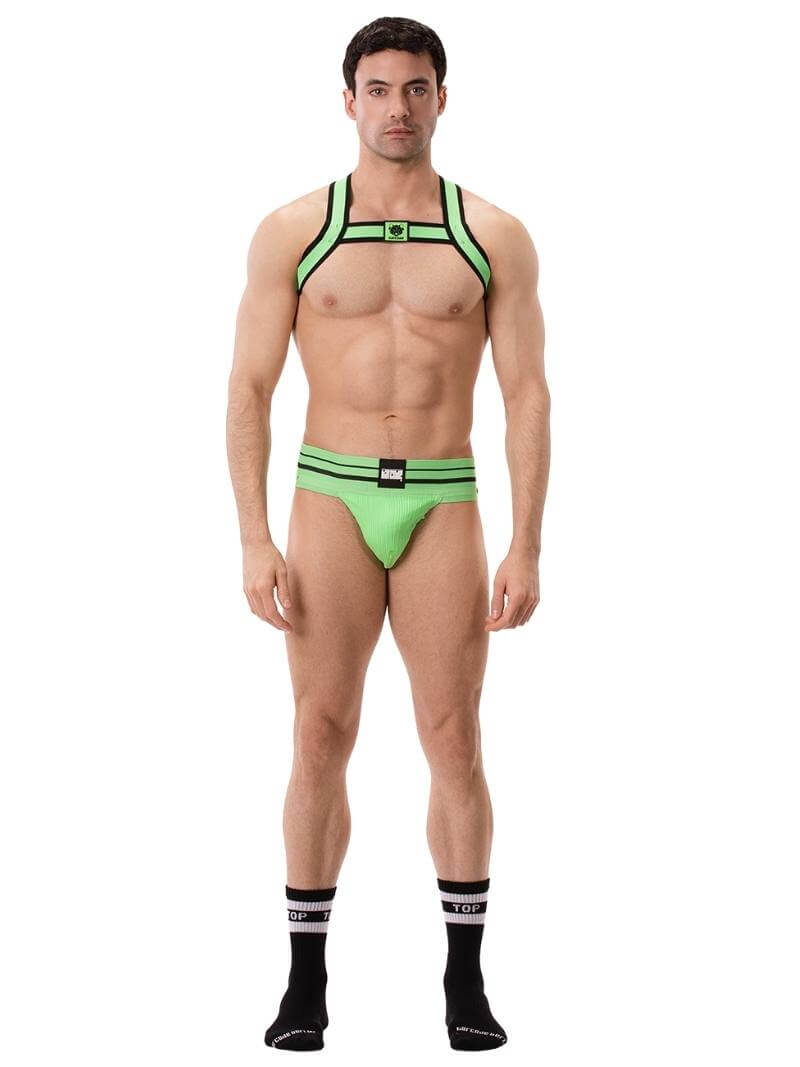 This image features the Barcode Berlin Andreus Jockstrap, showcasing its vibrant and bold design in a striking neon green color. The jockstrap has a classic sports jockstrap look with a wide, sturdy elastic waistband that carries a prominent Barcode Berlin brand label.