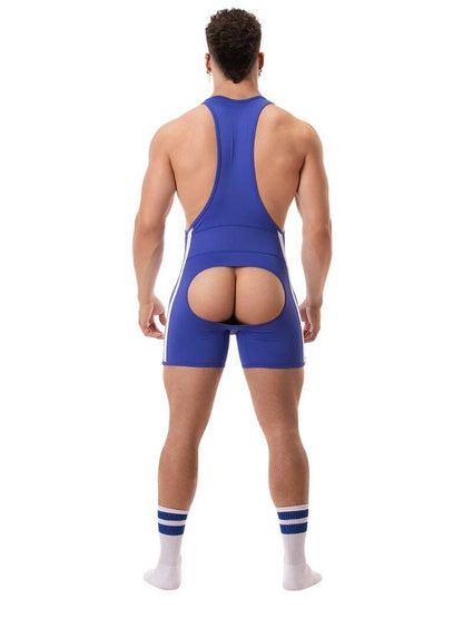 A man wearing a red Barcode Berlin backless singlet with white stripes and a low-cut neck.