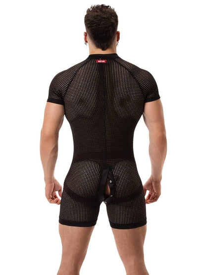 A model wearing a black mesh one-piece union suit with short sleeves and a crew neck. The suit features a buttoned front and rear access.