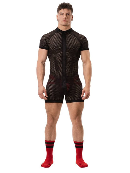 A model wearing a black mesh one-piece union suit with short sleeves and a crew neck. The suit features a buttoned front and rear access.