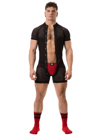 A model wearing a black mesh one-piece union suit with short sleeves and a crew neck. The suit features a buttoned front and rear access.
