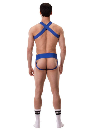 A model wearing a white Barcode Berlin Sergey ribbed cotton jockstrap, with the brand label visible on the waistband.