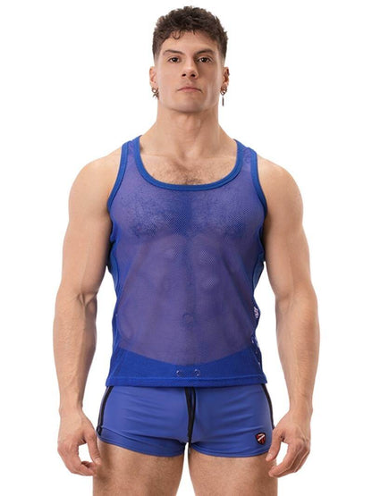 A man wearing a royal blue mesh racerback vest with a round neck and matching trims, standing against a white background.