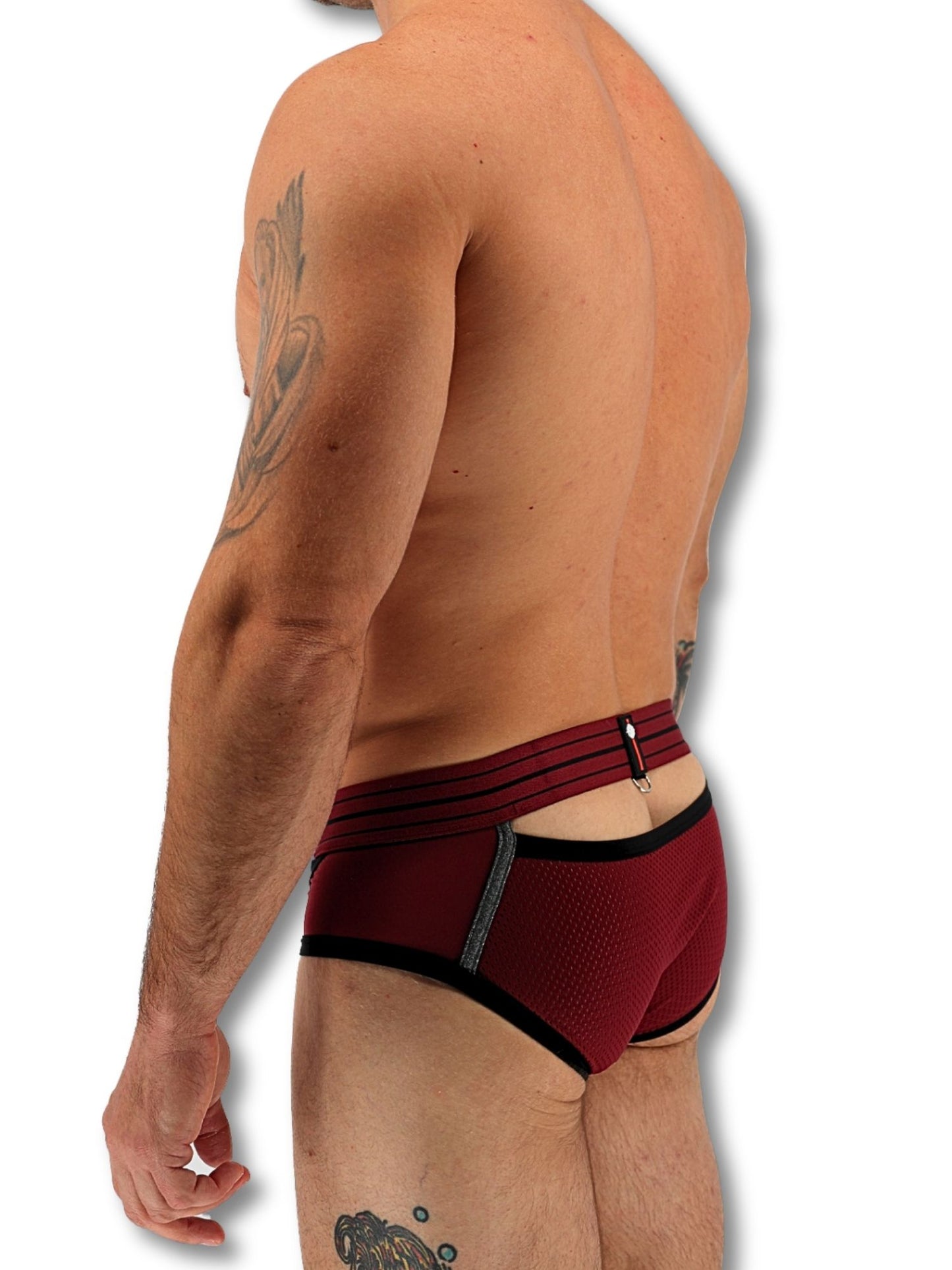 Red men's underwear with a black waistband on a white background