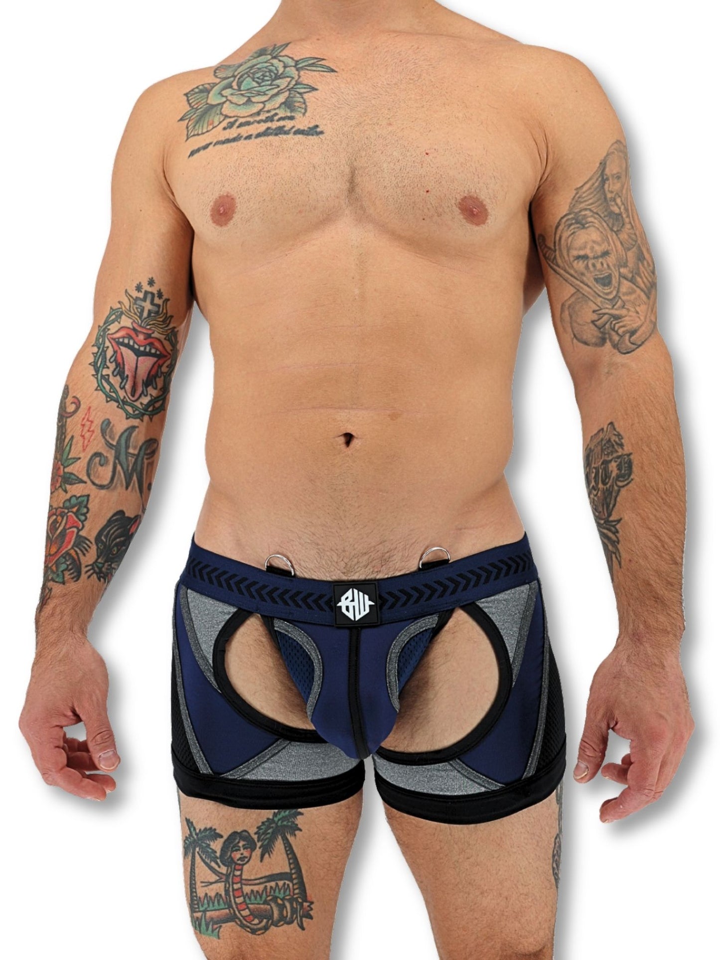 Man wearing blue and black athletic shorts with a visible brand logo on a white background