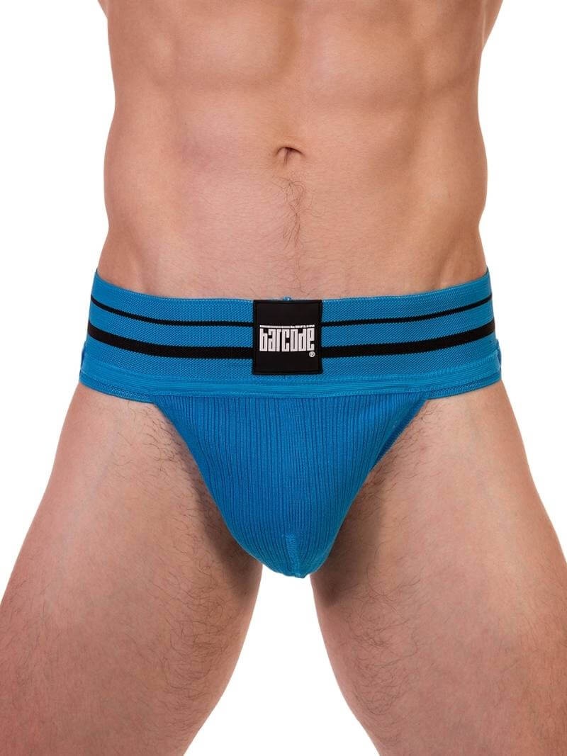 This image features the Barcode Berlin Andreus Jockstrap, showcasing its vibrant and bold design in a blue colour. The jockstrap has a classic sports jockstrap look with a wide, sturdy elastic waistband that carries a prominent Barcode Berlin brand label.