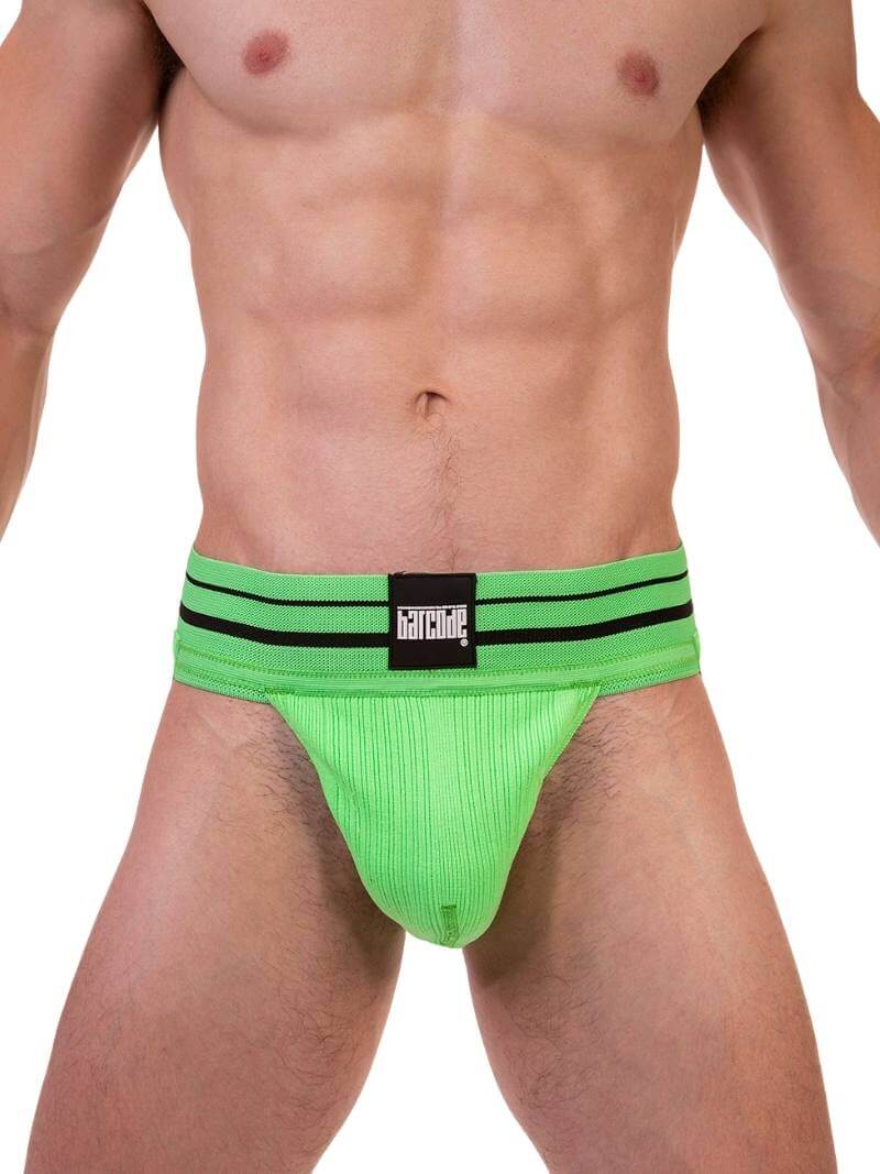 This image features the Barcode Berlin Andreus Jockstrap, showcasing its vibrant and bold design in a striking neon green color. The jockstrap has a classic sports jockstrap look with a wide, sturdy elastic waistband that carries a prominent Barcode Berlin brand label.