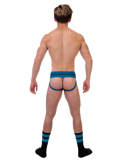 This image features the Barcode Berlin Andreus Jockstrap, showcasing its vibrant and bold design in a blue colour. The jockstrap has a classic sports jockstrap look with a wide, sturdy elastic waistband that carries a prominent Barcode Berlin brand label.