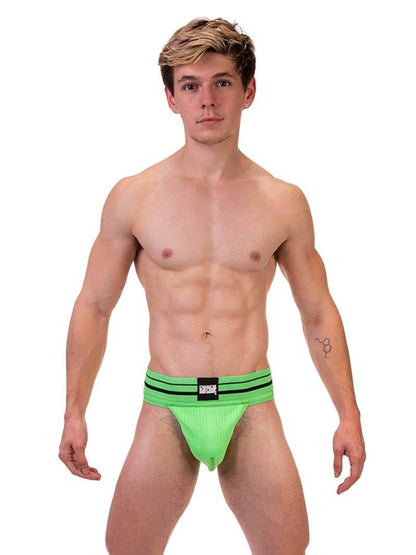 This image features the Barcode Berlin Andreus Jockstrap, showcasing its vibrant and bold design in a striking neon green color. The jockstrap has a classic sports jockstrap look with a wide, sturdy elastic waistband that carries a prominent Barcode Berlin brand label.