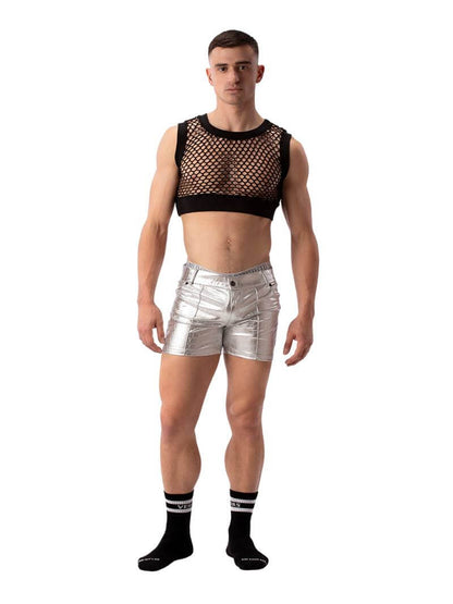 A pair of silver metallic shorts with embossed crocodile print, featuring a zip-up fly, button fastening, belt loops, and pockets. The shorts are designed to be fitted with a square-cut shape.