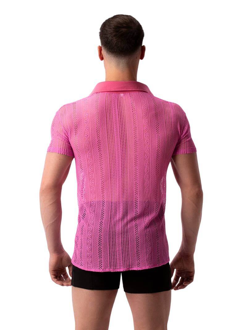 A model wearing a semi-see-through black lace polo shirt with a collard v-neck and short sleeves.