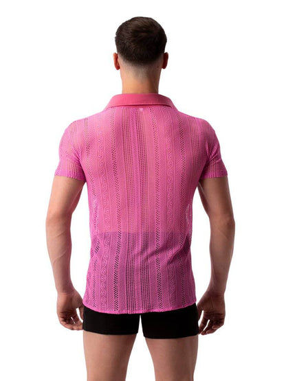 A model wearing a semi-see-through black lace polo shirt with a collard v-neck and short sleeves.